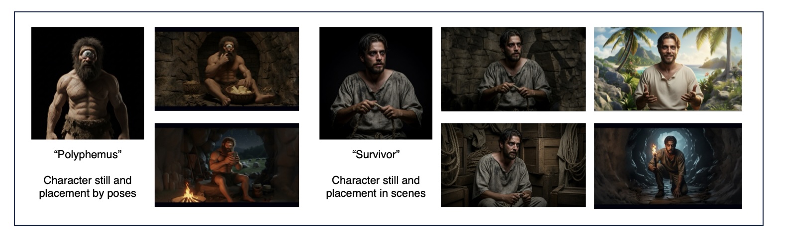A grid of AI-generated character stills and scene placements, showcasing "Polyphemus" (a cyclops with muscular physique) in various poses within a cave setting, and "Survivor" (a man in rustic clothing) in a cave, a tropical island, and a storage area. Demonstrates character consistency and placement in generated scenes.